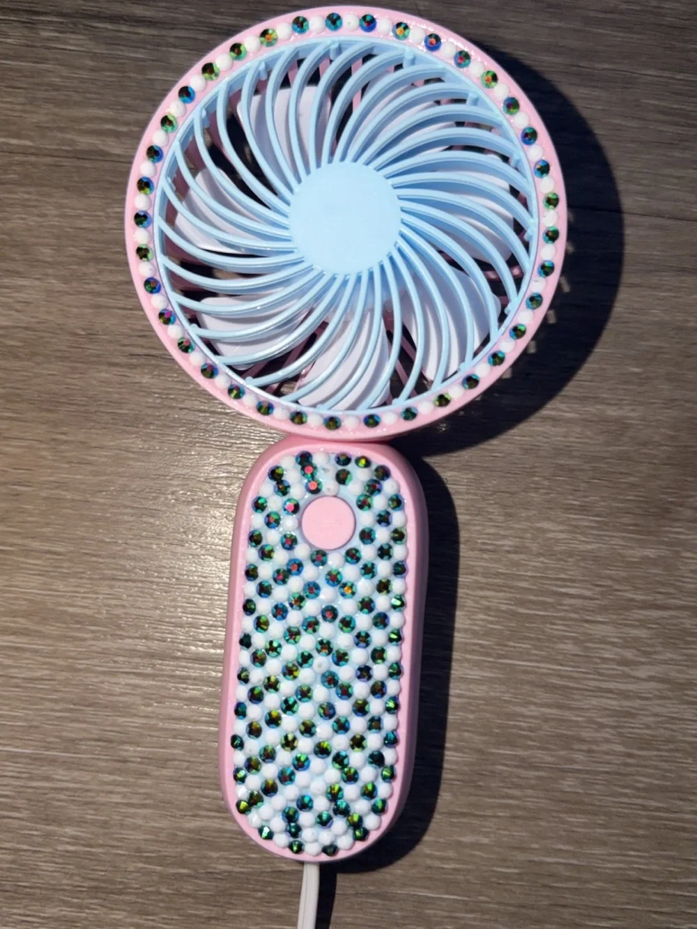 pink & blue handheld fan with green & white rhinestones